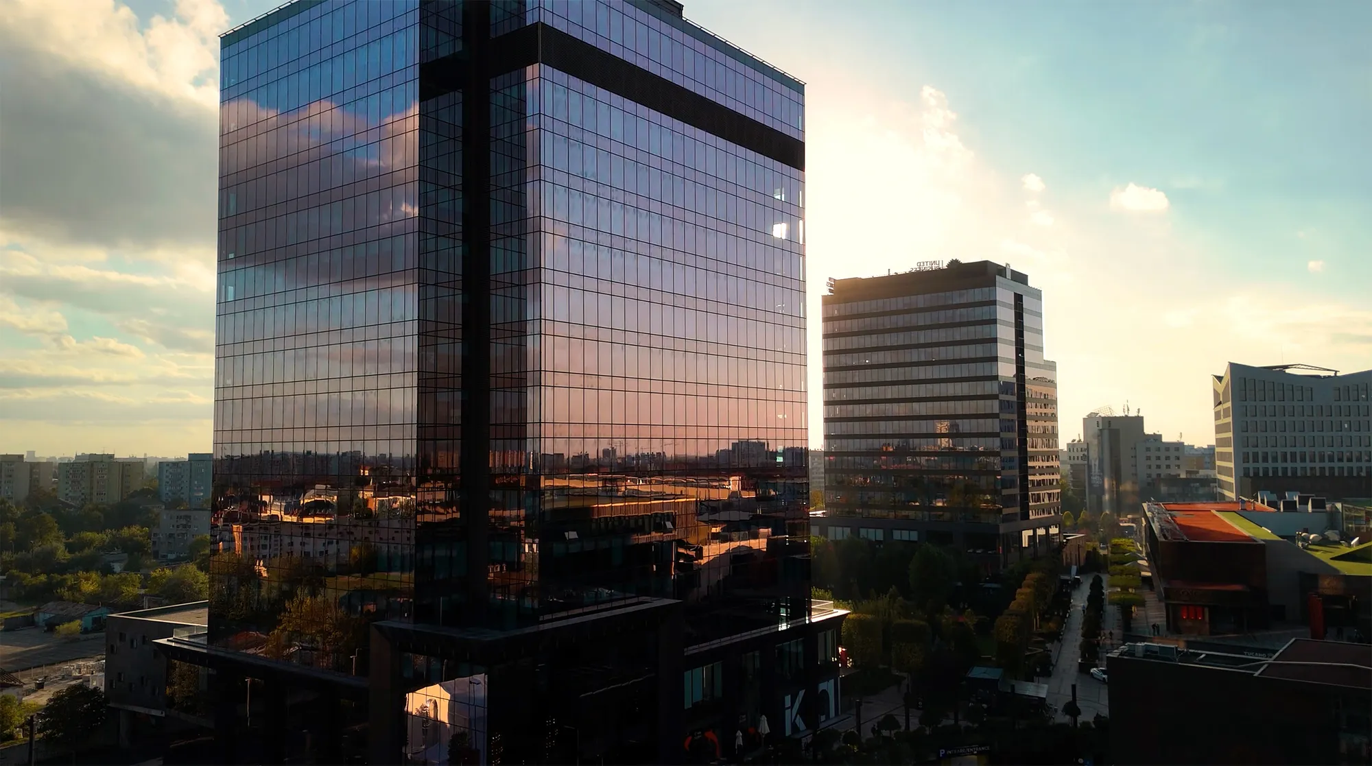 Iulius Town office towers in Timișoara at sunset
